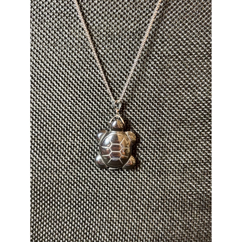 Hematite Turtle Pendant Necklace Stainless Steel Box Chain Gray Stone Jewelry